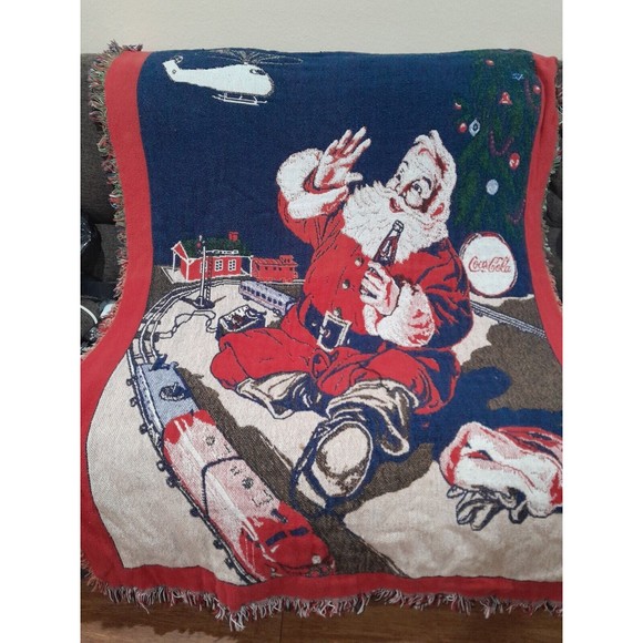 Vintage 1993 Coca Cola Santa With Toy Trains Drinking Coke  Tapestry Blanket - Picture 1 of 7